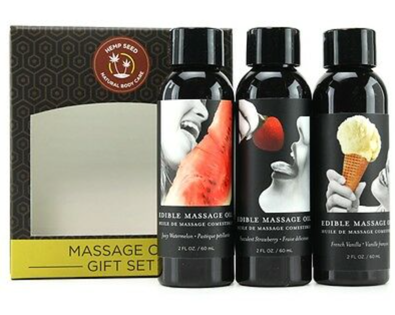 Edible Massage Oil Gift Set Box - Strawberry Vanilla, and Watermelon - 2 Oz Each